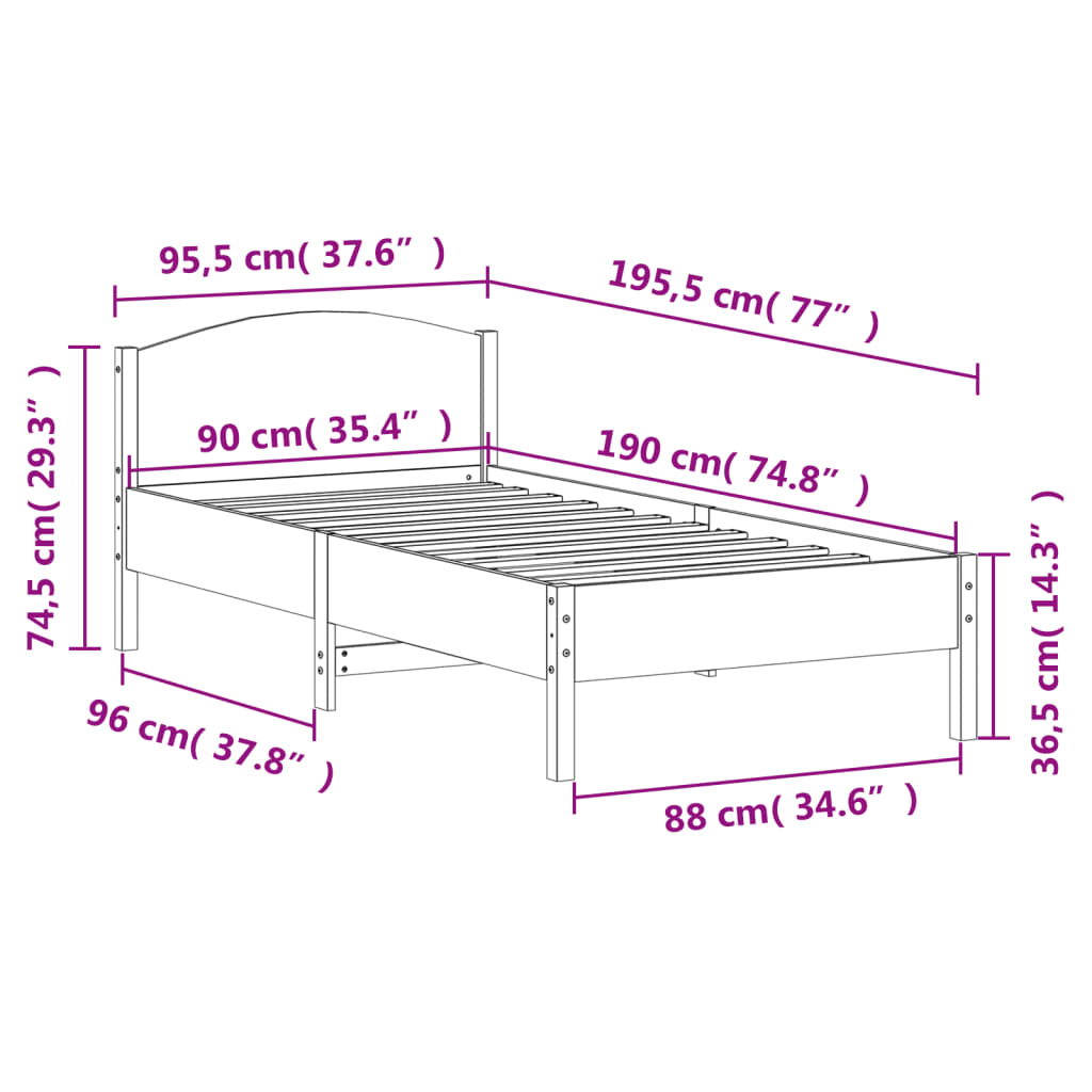 Bettgestell ohne Matratze 90x190 cm aus massivem Kiefernholz