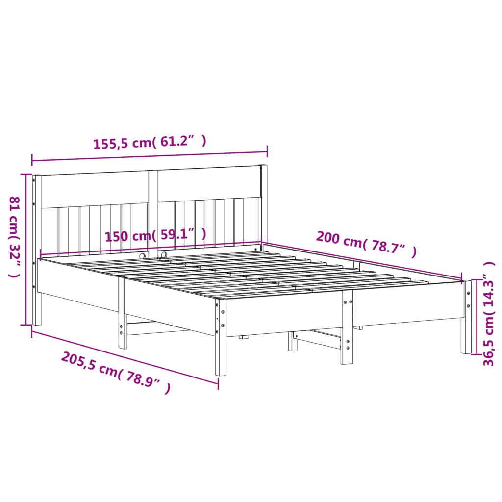 Bed frame without mattress white 150x200 cm solid pine wood