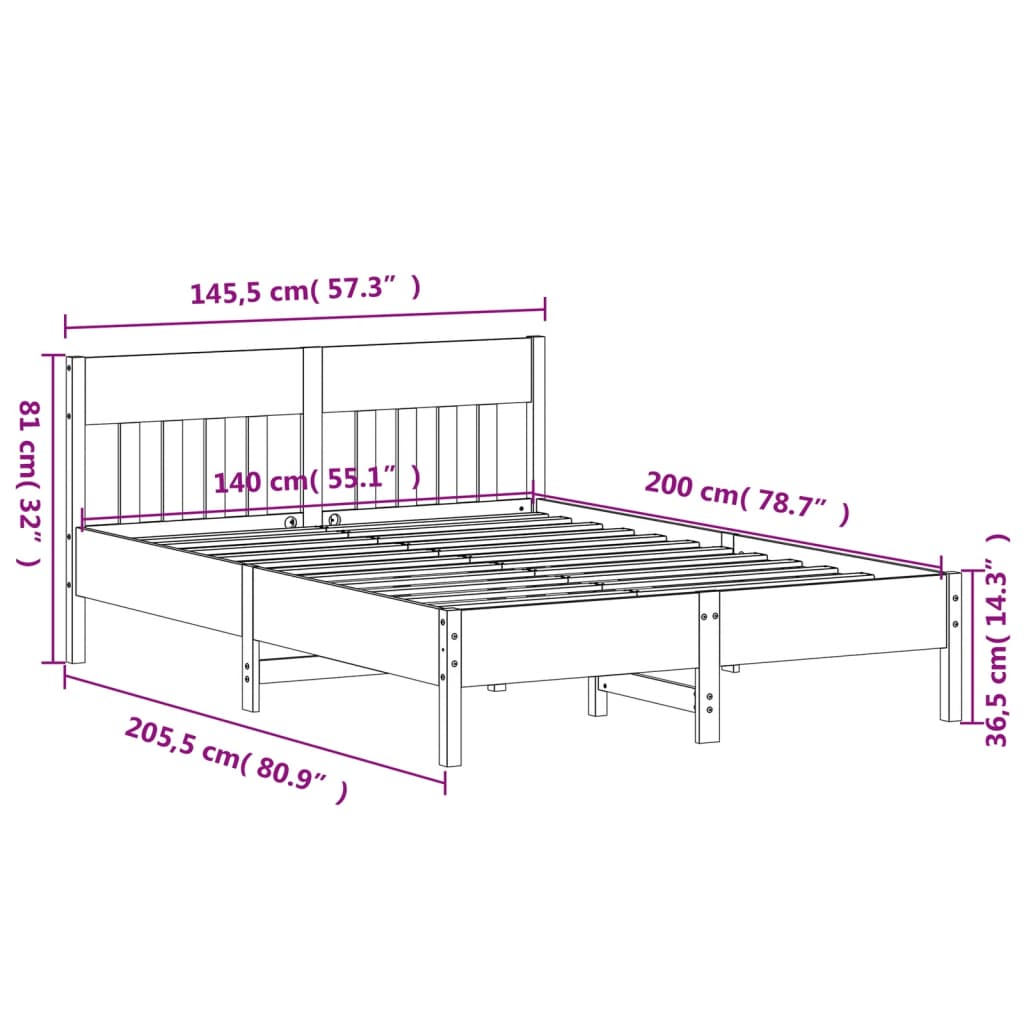 Bed frame without mattress 140x200 cm solid pine wood