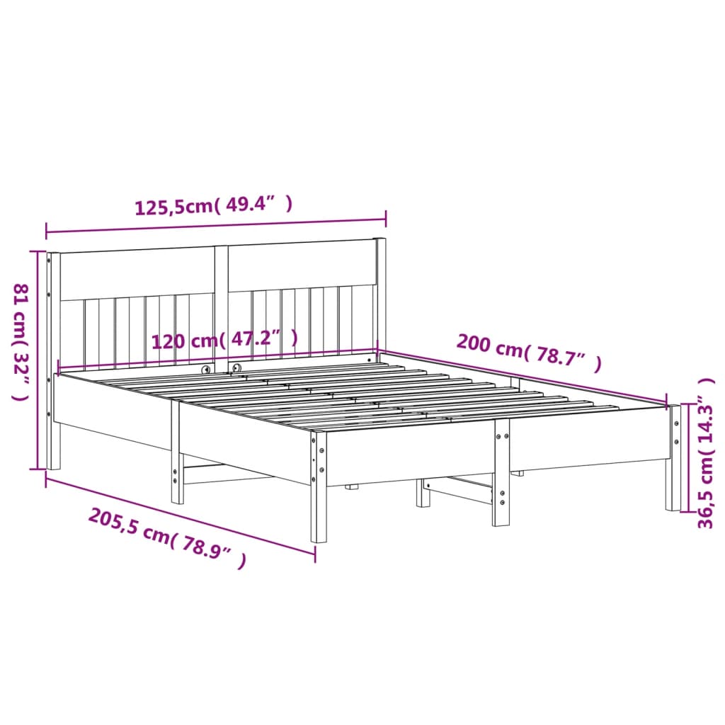 Bed frame without mattress 120x200 cm solid pine wood