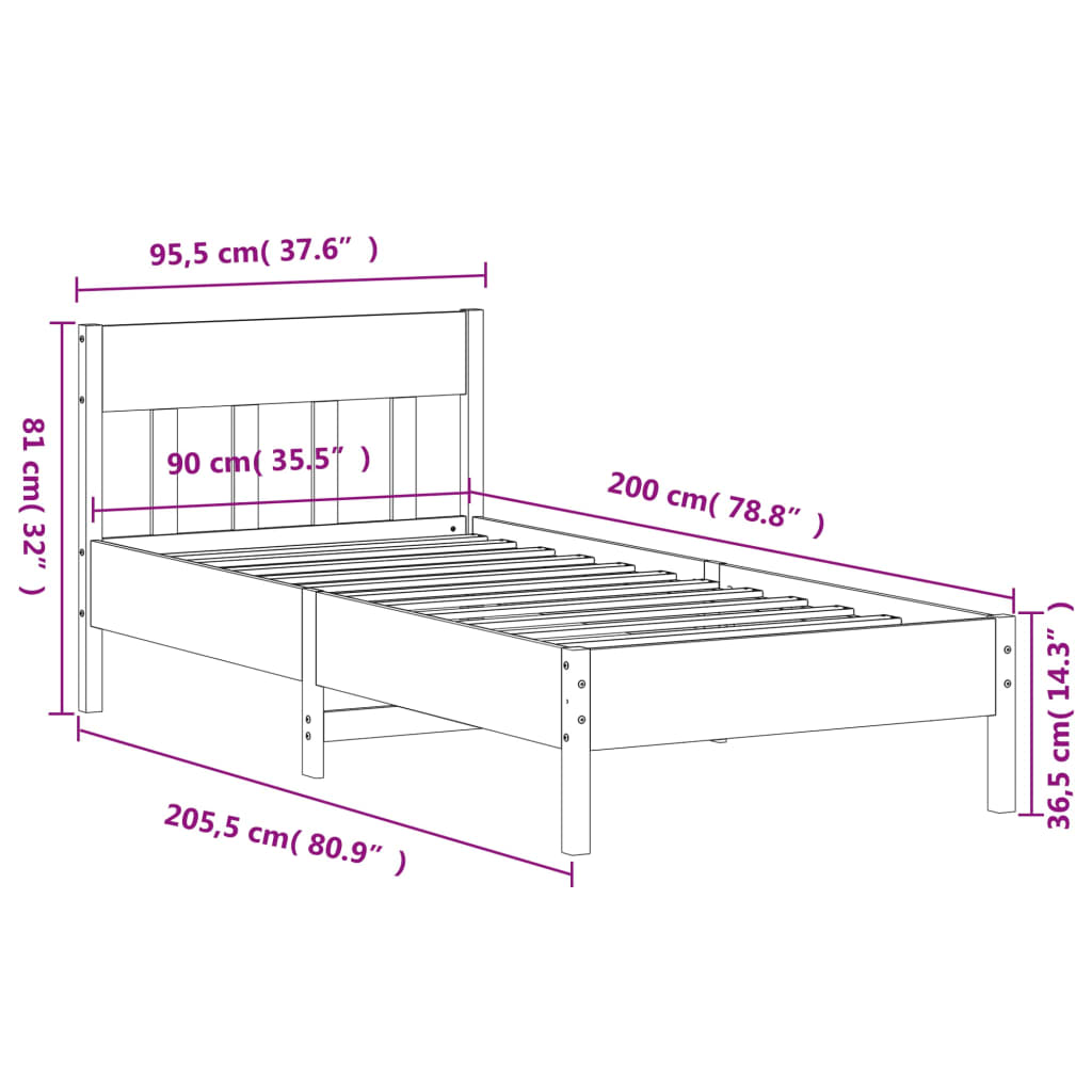 Bettgestell ohne weiße Matratze 90x200 cm aus massivem Kiefernholz