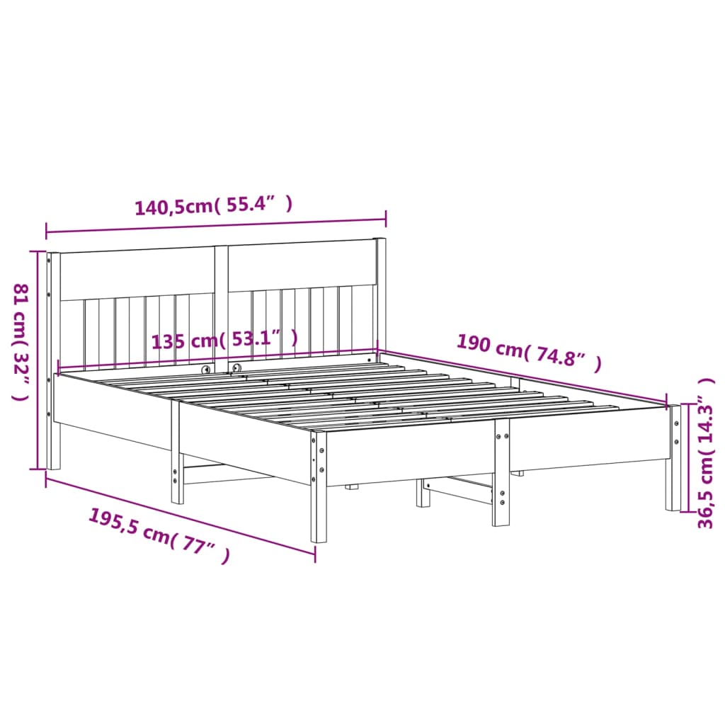 Bed frame without mattress brown wax 135x190cm solid pine wood