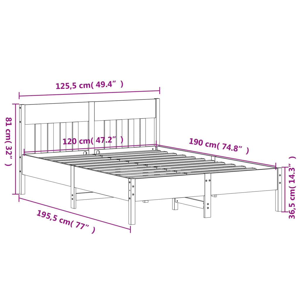 Bed frame without mattress brown wax 120x190cm solid pine wood