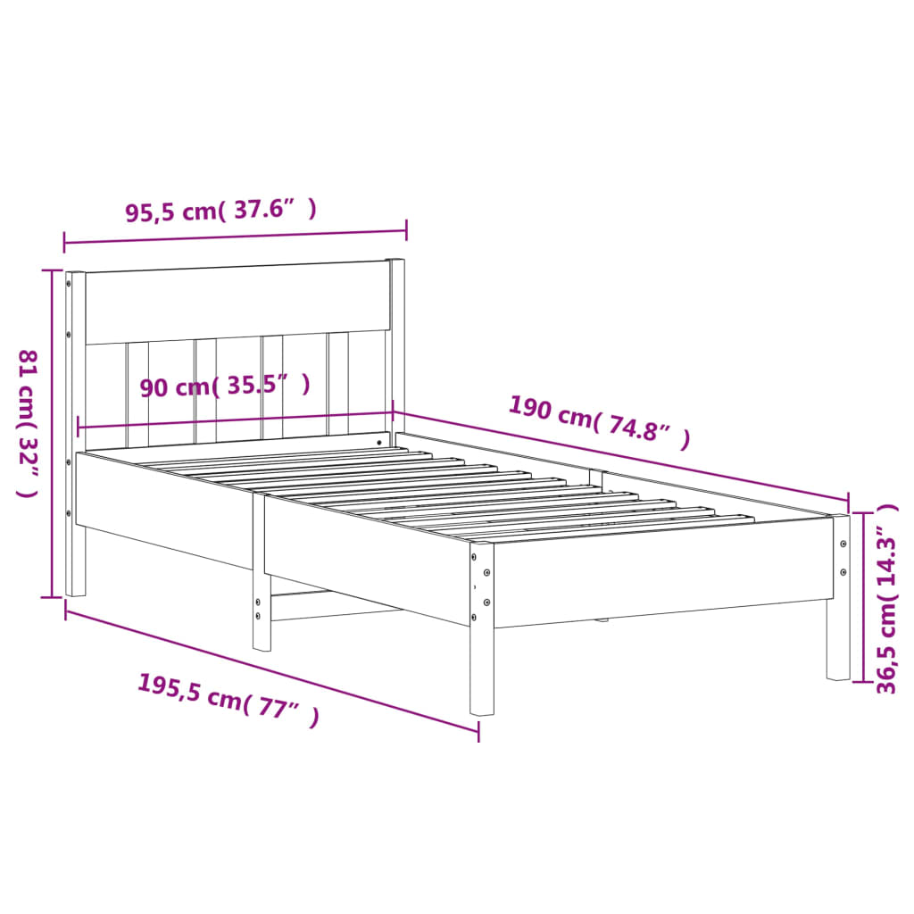 Bettgestell ohne Matratze, braunes Wachs, 90 x 190 cm, massives Kiefernholz