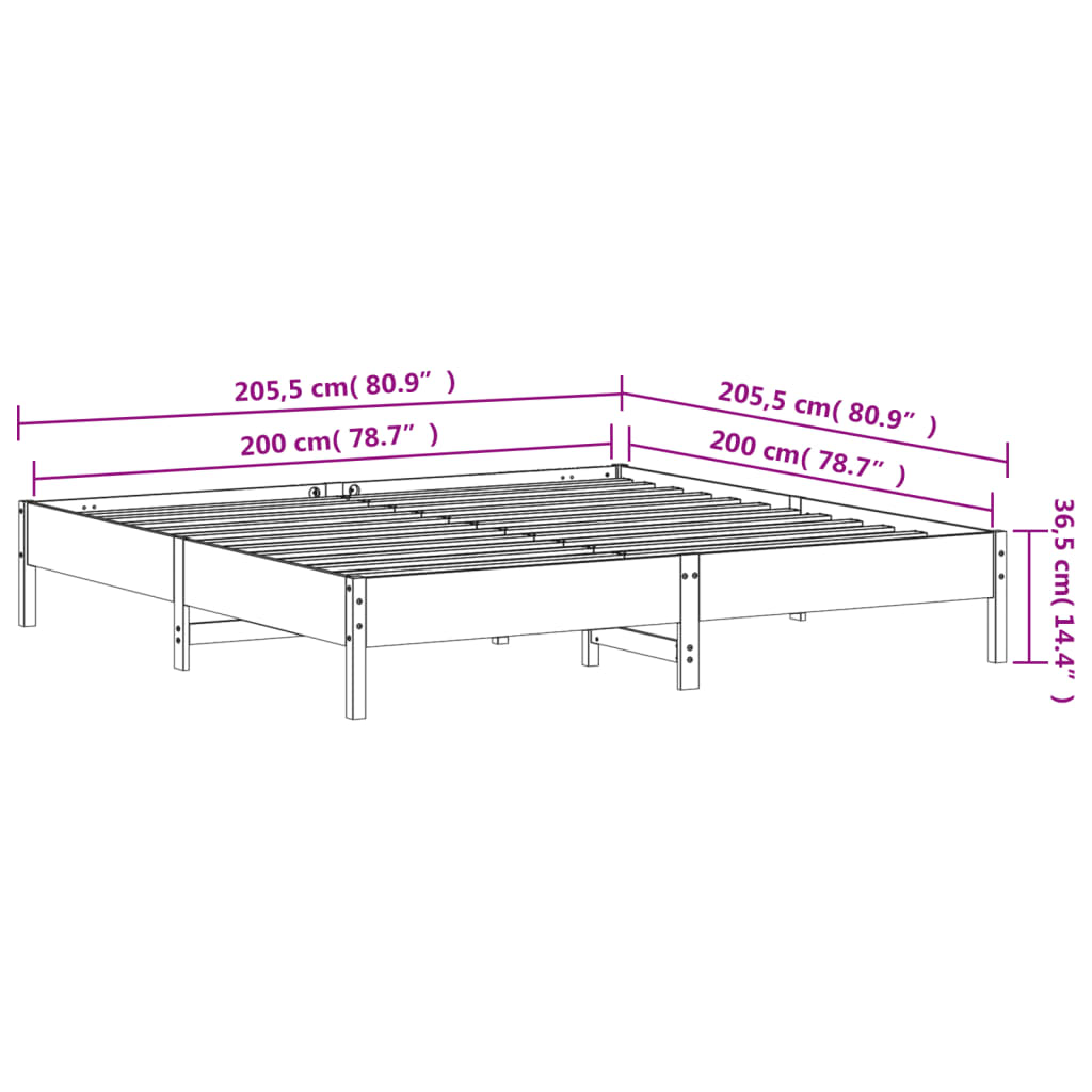 Bettgestell ohne weiße Matratze 200x200 cm aus massivem Kiefernholz