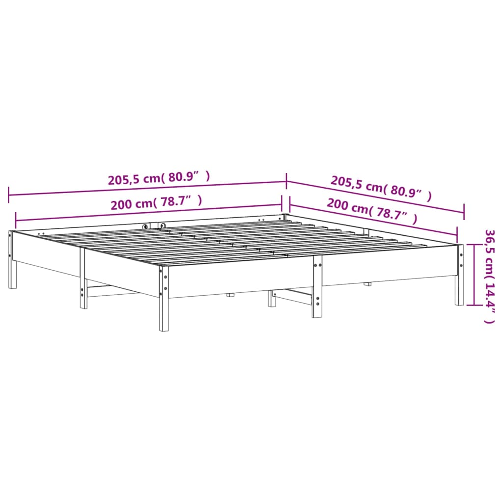 Bed frame without mattress brown wax 200x200cm solid pine wood