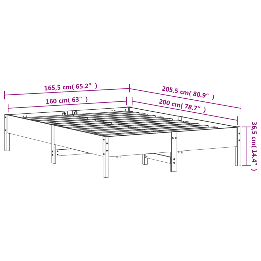 Bed frame without mattress brown wax 160x200cm solid pine wood