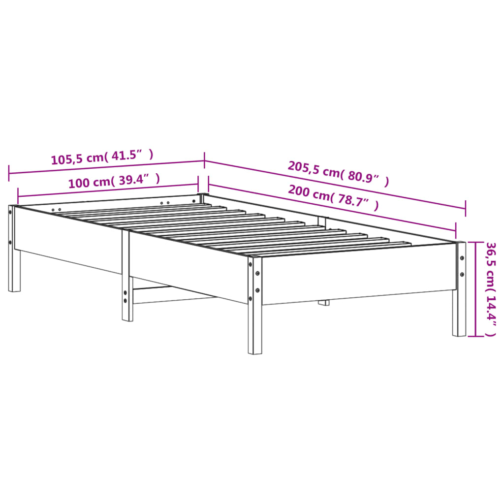 Bettgestell ohne Matratze 100x200 cm aus massivem Kiefernholz