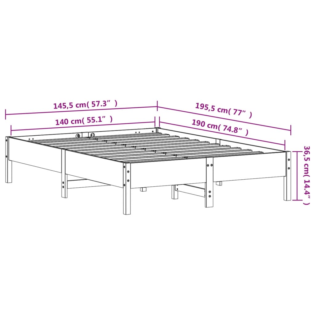 Bed frame without white mattress 140x190 cm solid pine wood