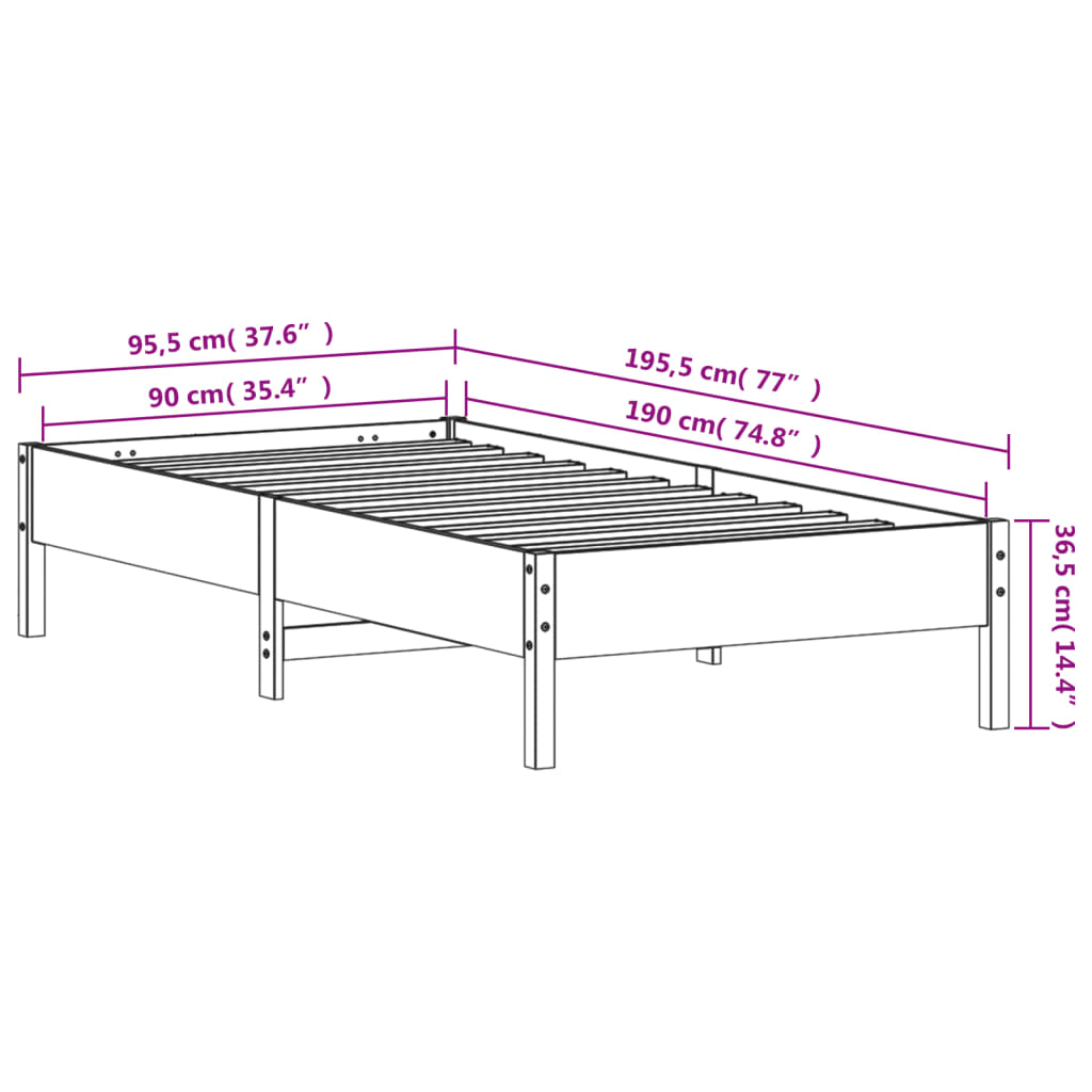 Bed frame without mattress brown wax 90x190 cm solid pine wood