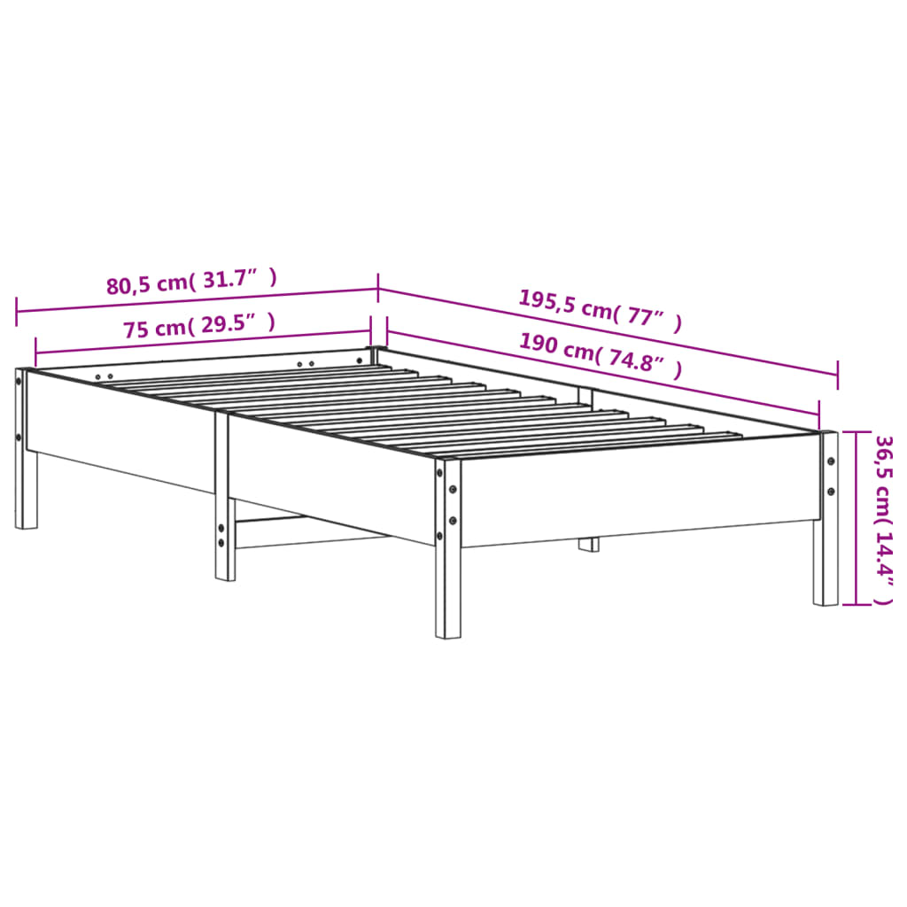 Cadre de lit sans matelas cire marron 75x190 cm bois pin massif