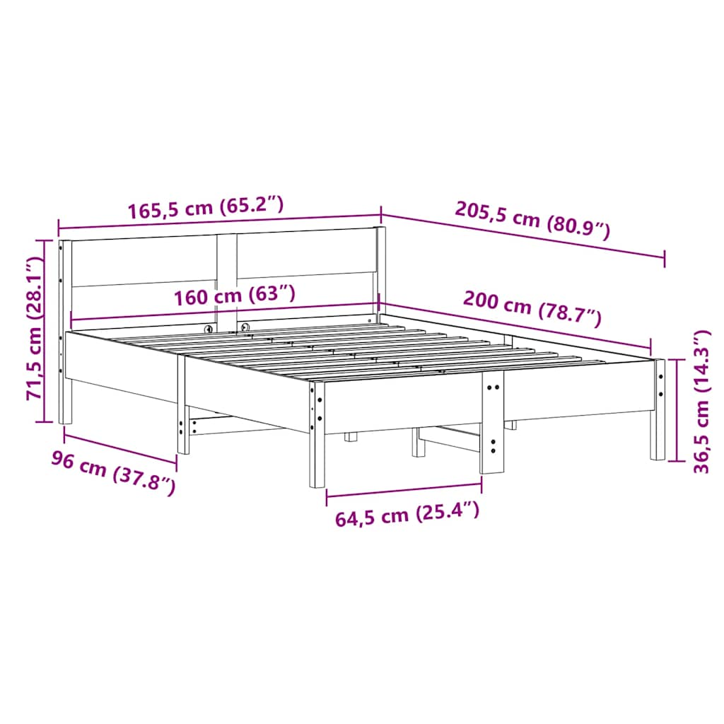 Bed frame without mattress white 160x200 cm solid pine wood