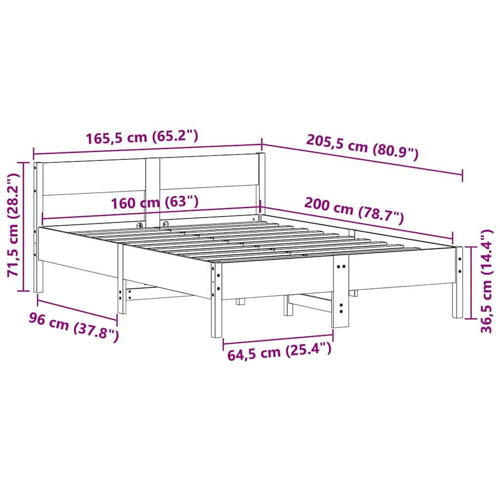 Bed frame without mattress brown wax 160x200cm solid pine wood