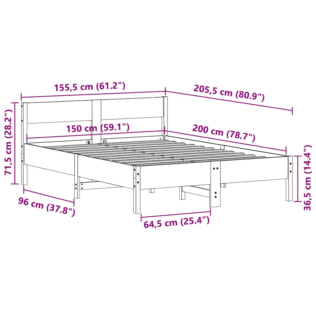 Cadre de lit sans matelas cire marron 150x200cm bois pin massif