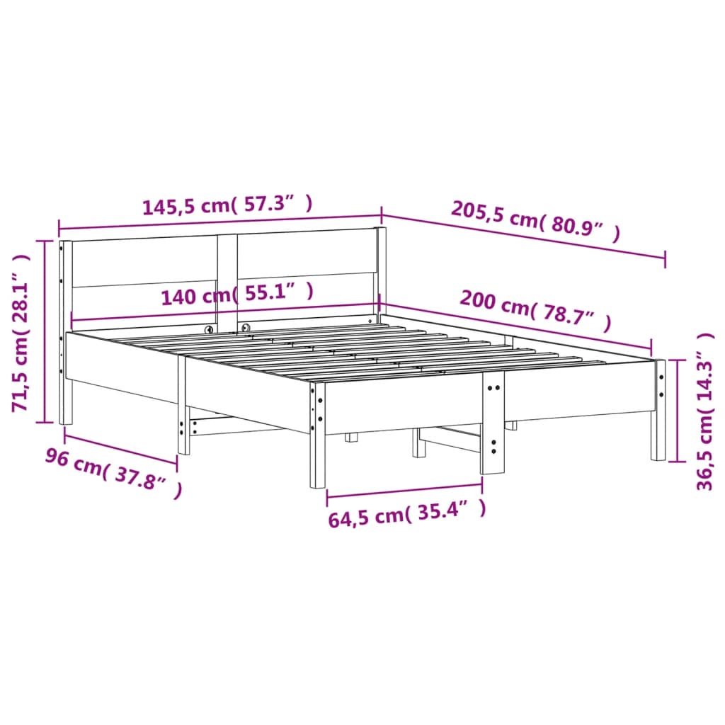 Bed frame without mattress 140x200 cm solid pine wood