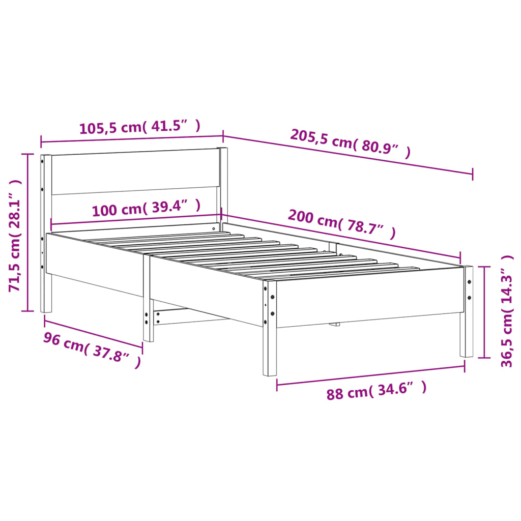 Bettgestell ohne Matratze 100x200 cm aus massivem Kiefernholz