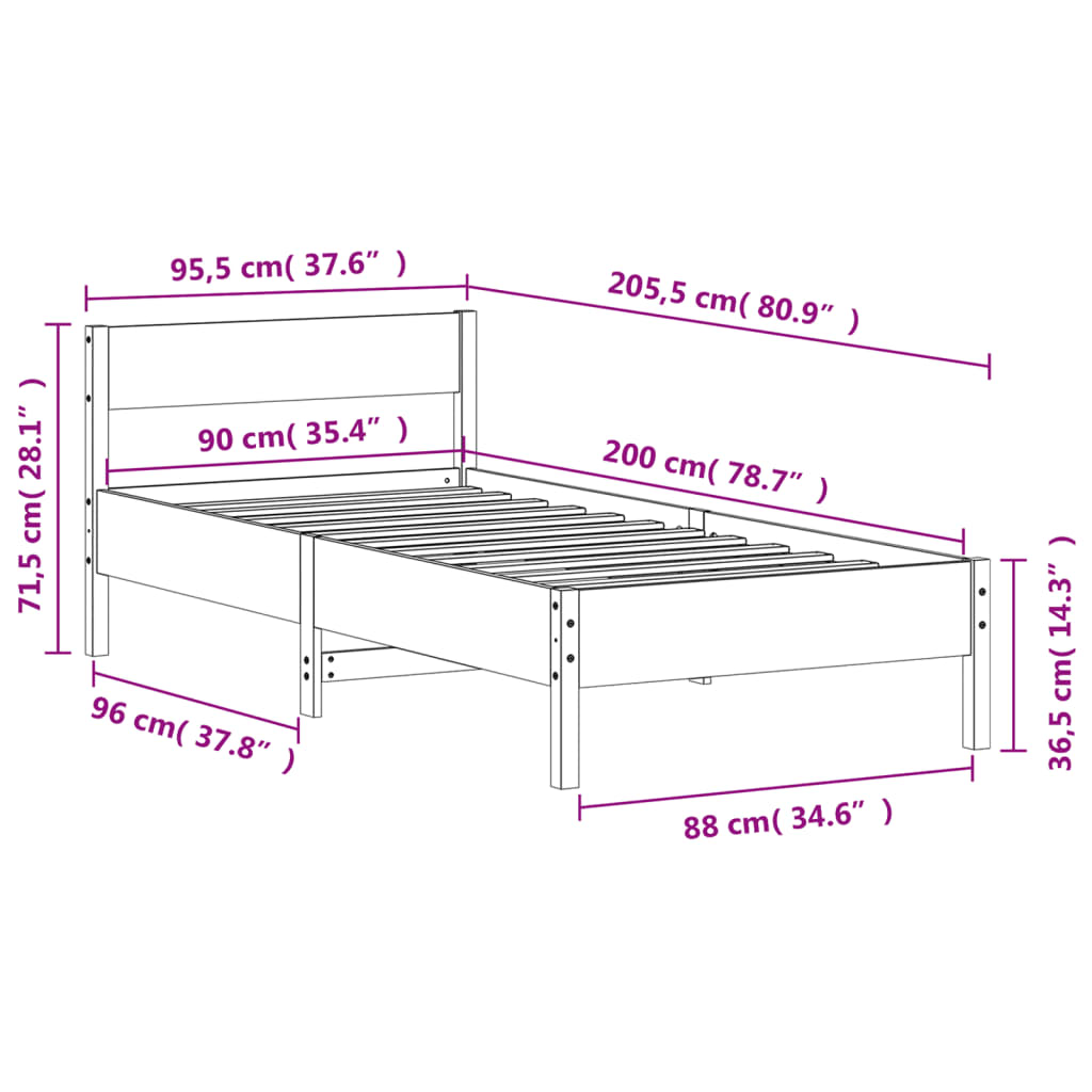 Bettgestell ohne Matratze 90x200 cm aus massivem Kiefernholz