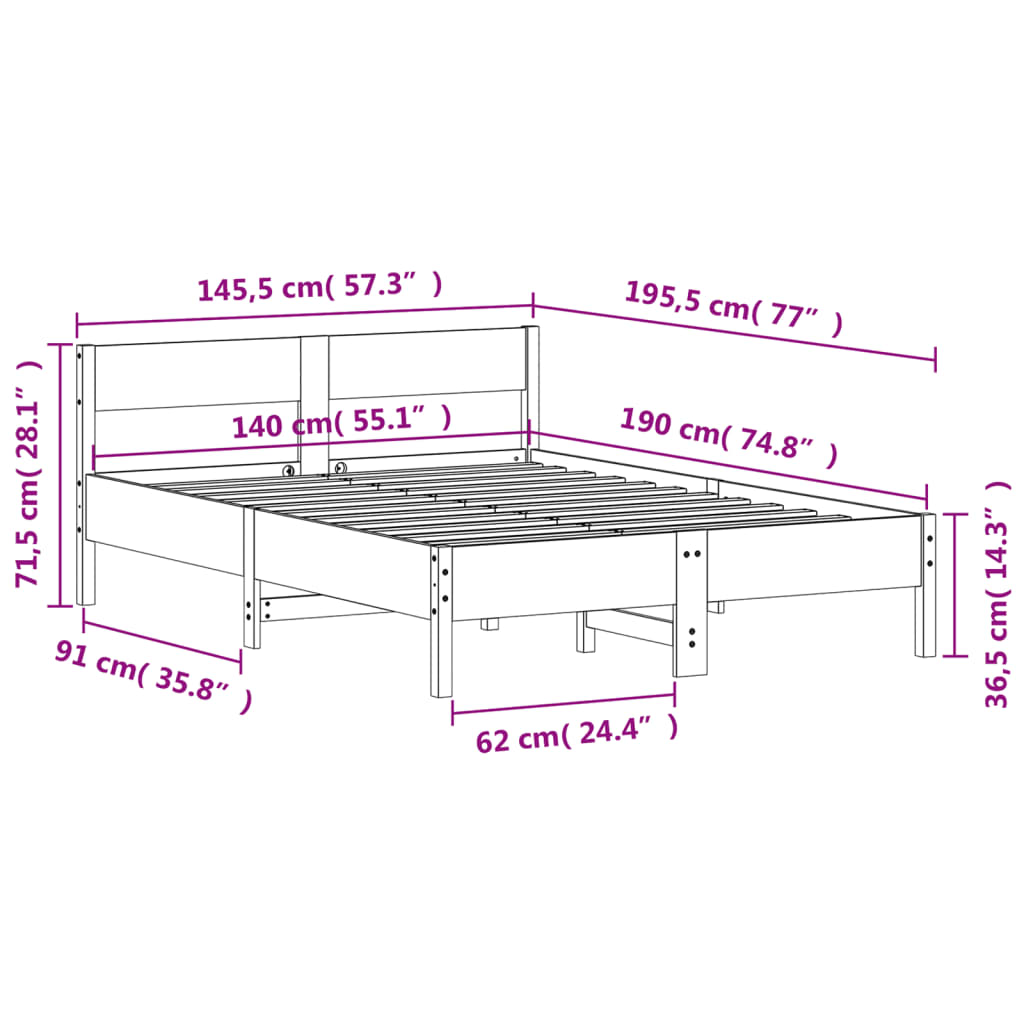 Bettgestell ohne Matratze, braunes Wachs, 140 x 190 cm, massives Kiefernholz