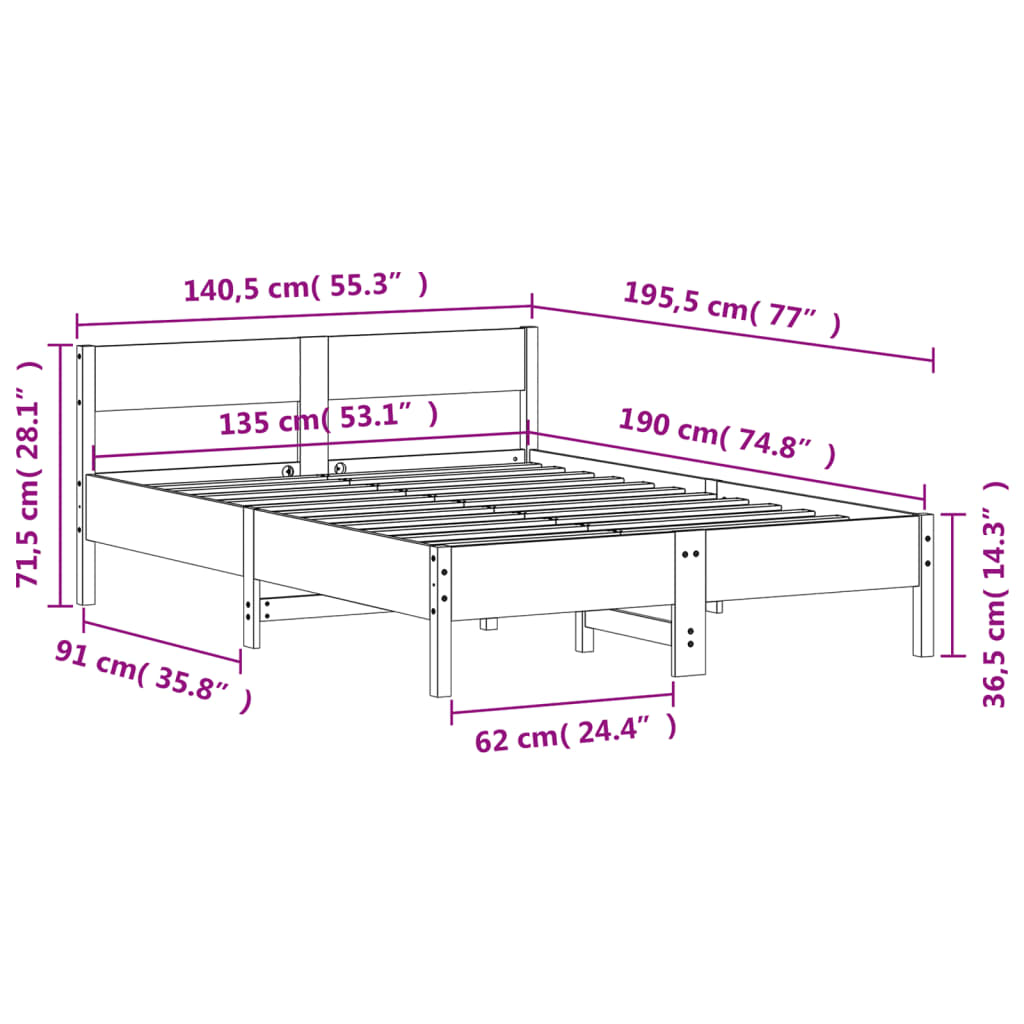 Cadre de lit sans matelas 135x190 cm bois de pin massif