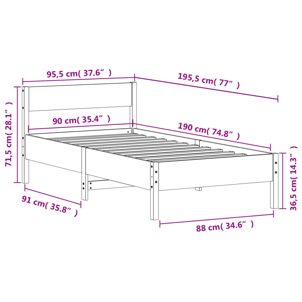 Bettgestell ohne Matratze 90x190 cm aus massivem Kiefernholz