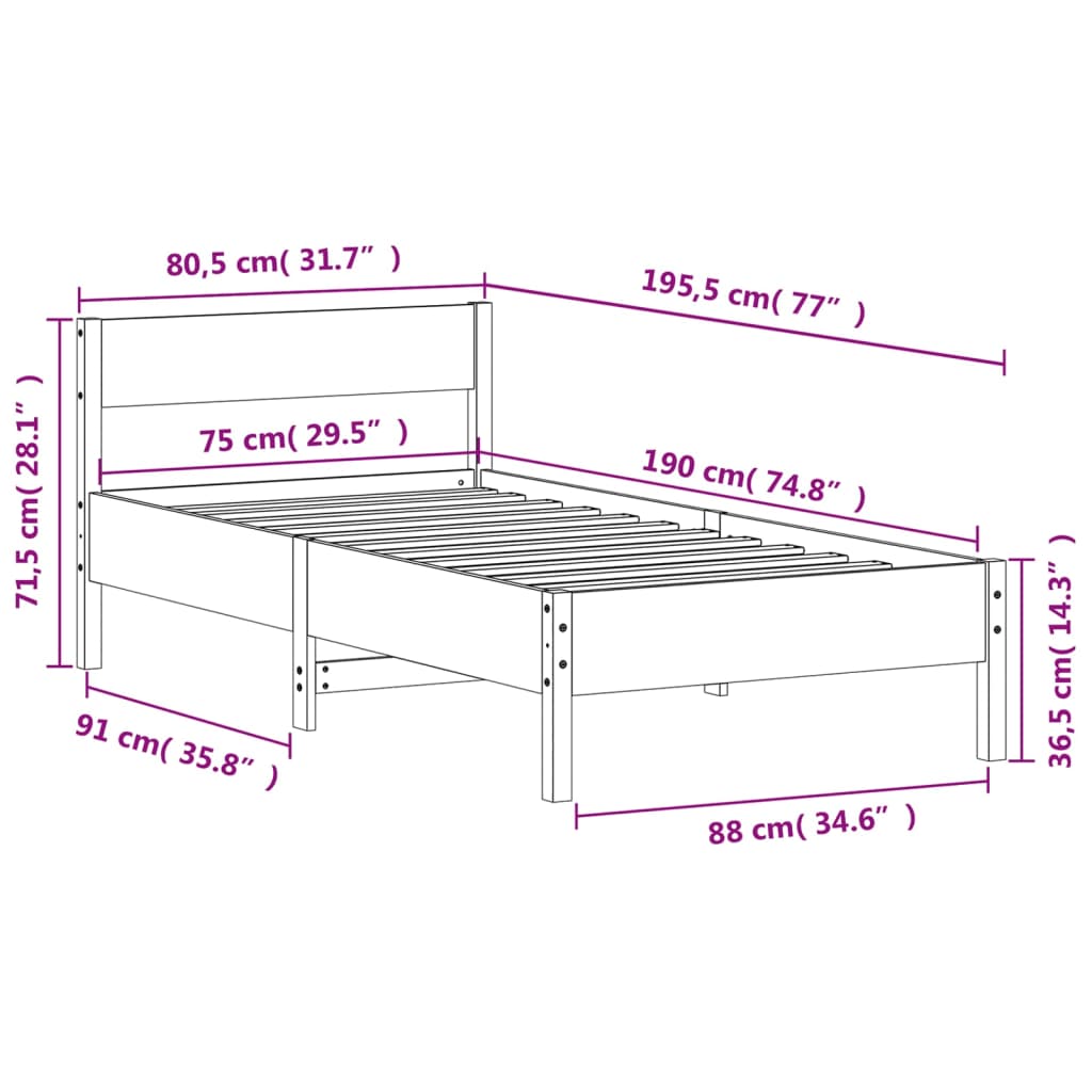 Cadre de lit sans matelas 75x190 cm bois de pin massif