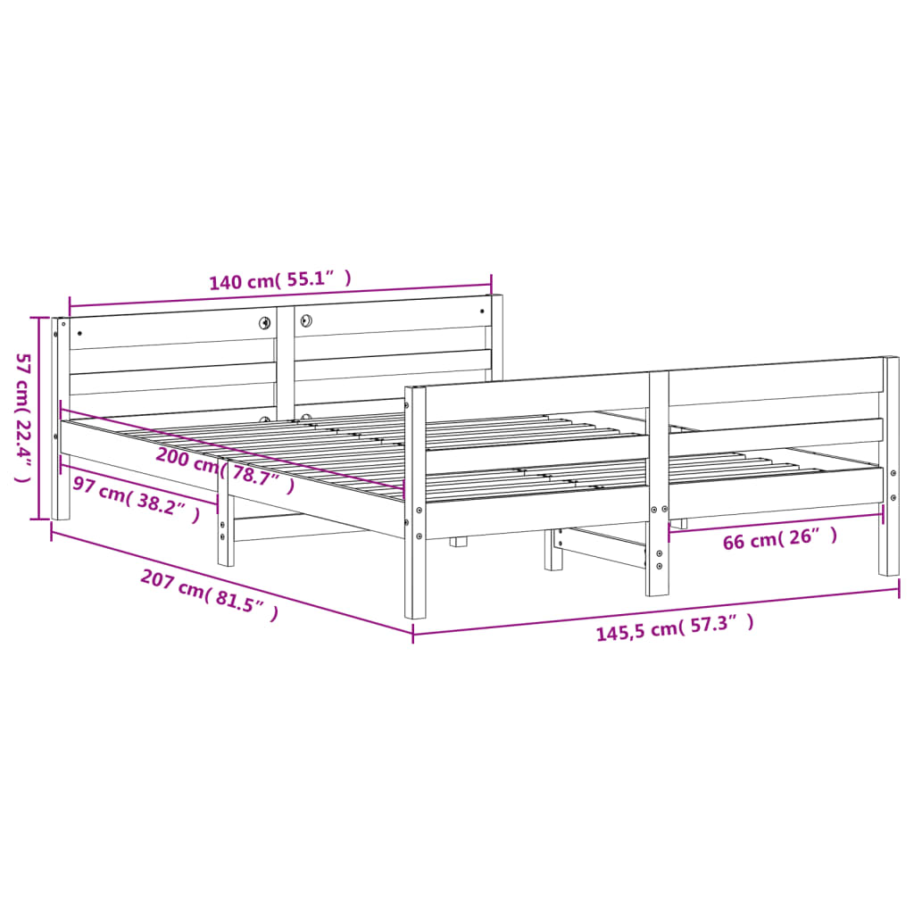 Bettgestell ohne Matratze 140x200 cm aus massivem Kiefernholz