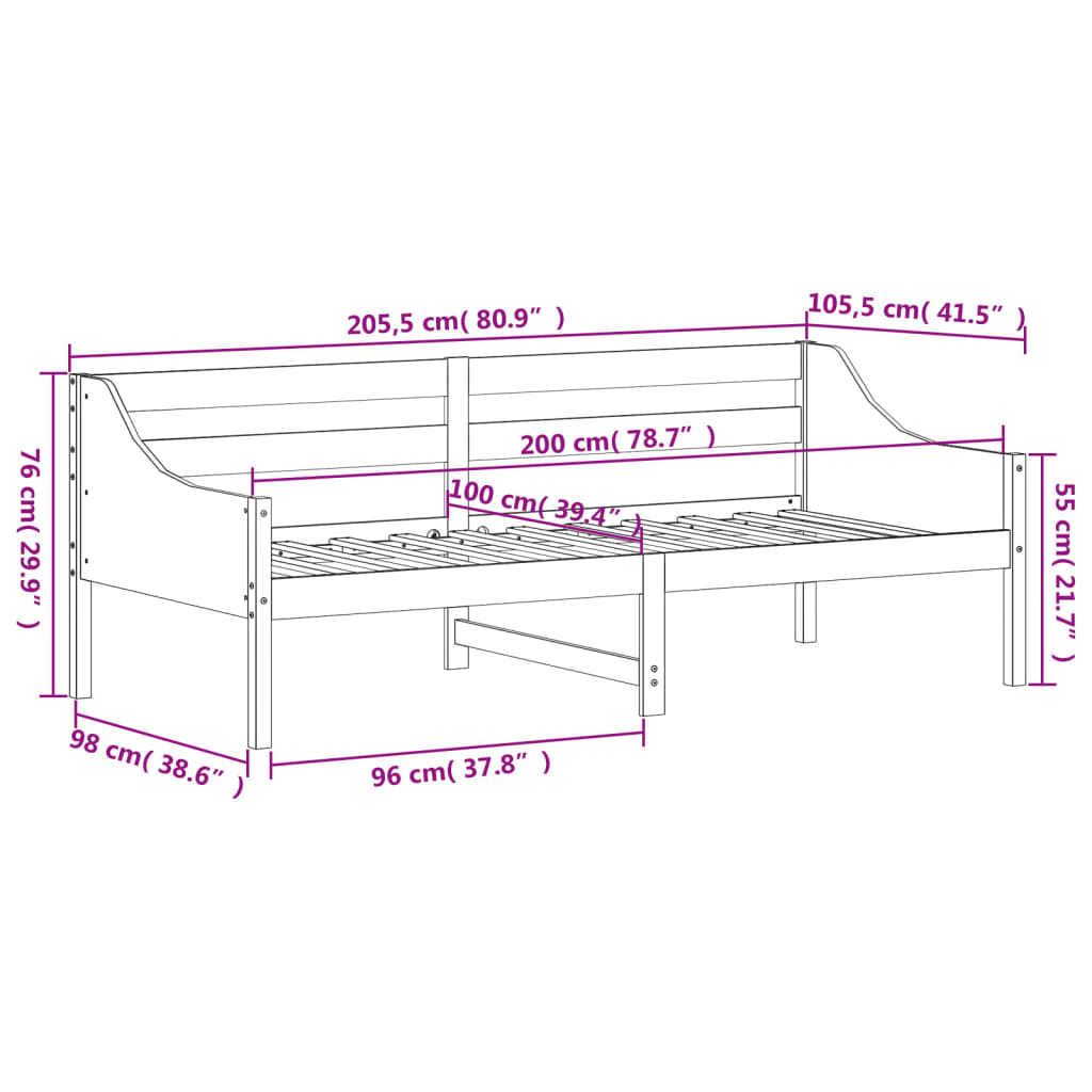 Tagesbett ohne Matratze 100x200 cm aus massivem Kiefernholz