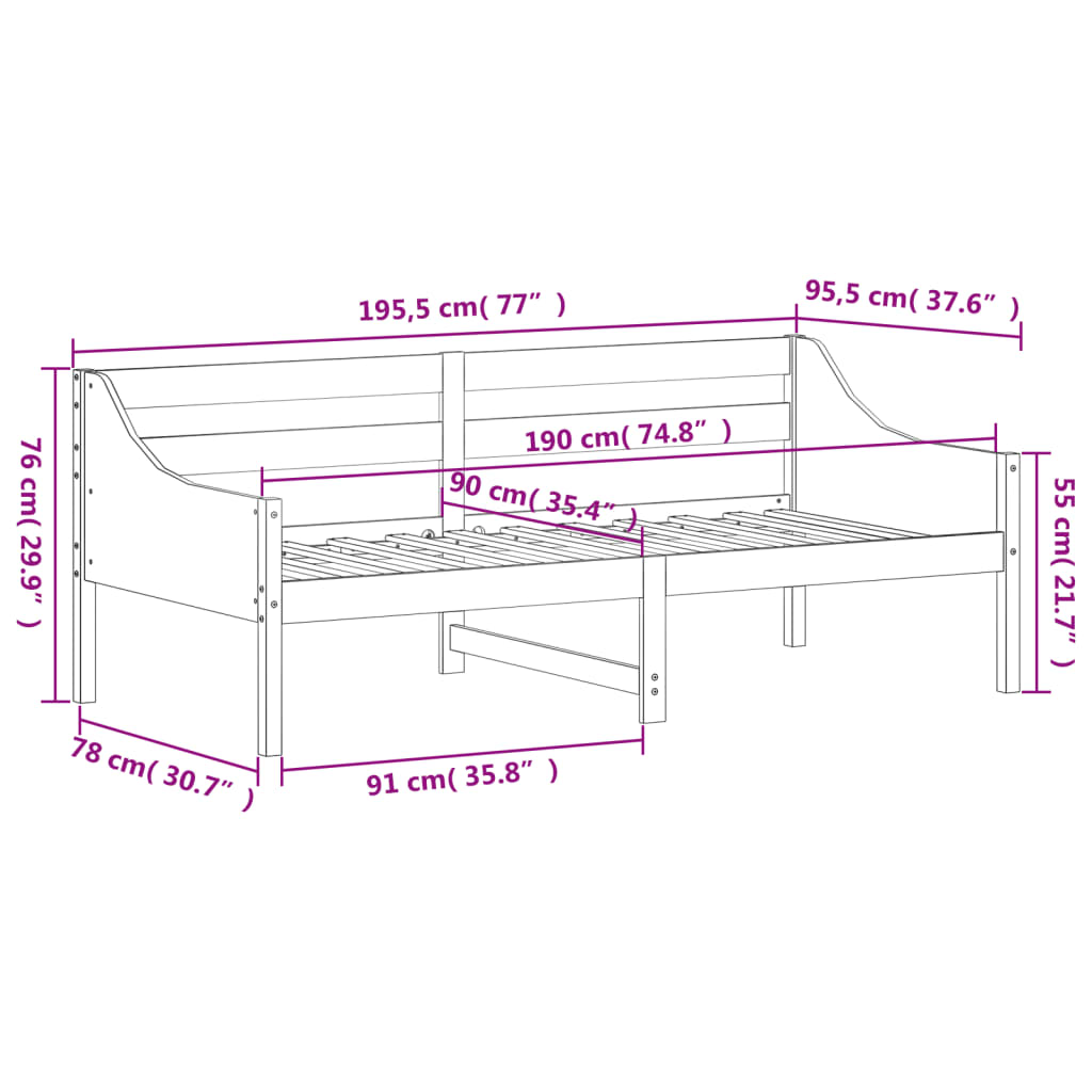 Tagesbett ohne Matratze 90x190 cm aus massivem Kiefernholz