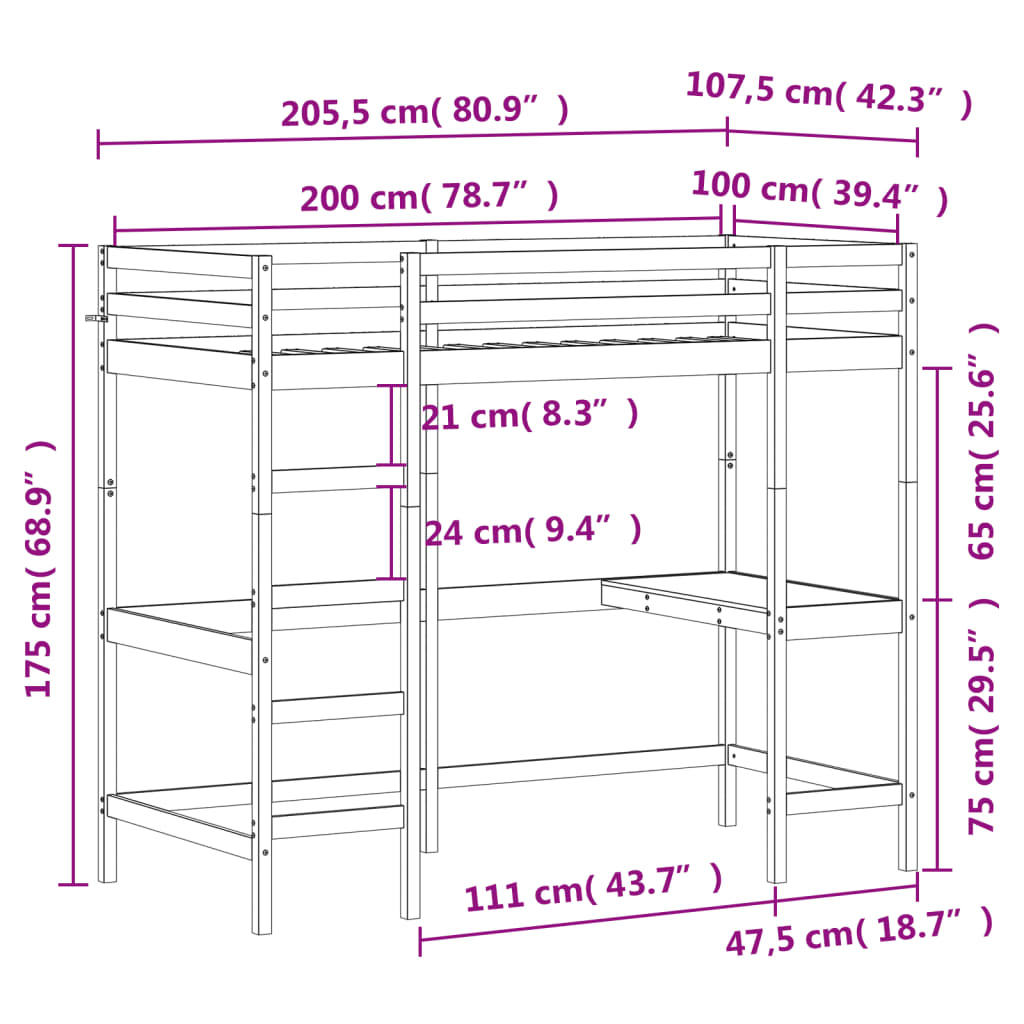 Etagenbett ohne Matratze 100x200 cm aus massivem Kiefernholz