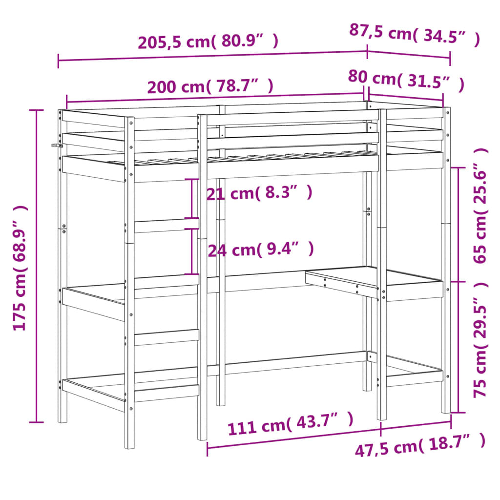 Etagenbett ohne Matratze 80x200 cm aus massivem Kiefernholz