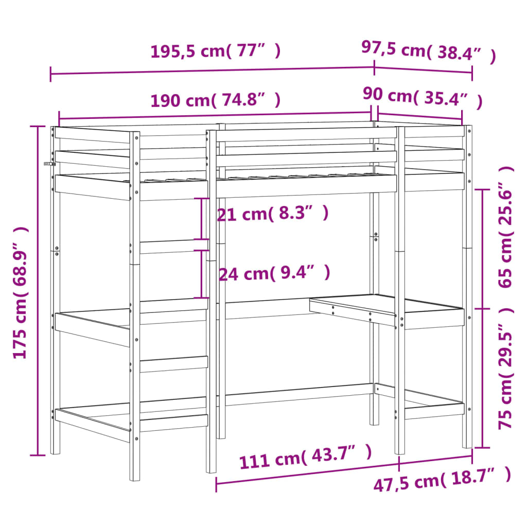 Etagenbett ohne Matratze 90x190 cm aus massivem Kiefernholz