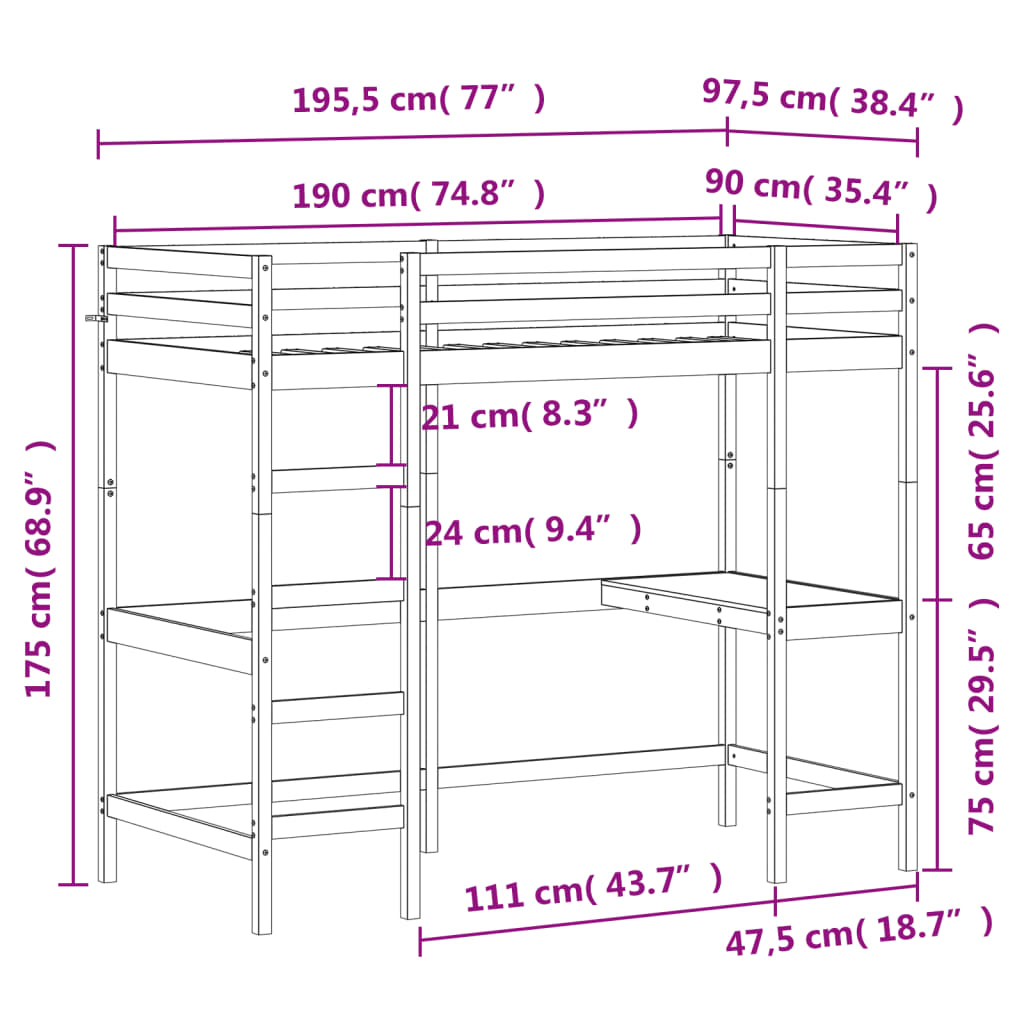 Etagenbett ohne Matratze weiß 90x190 cm aus massivem Kiefernholz