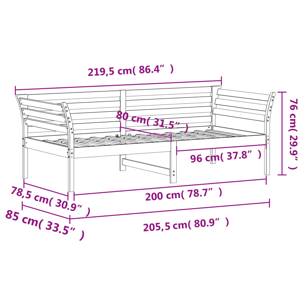 Tagesbett ohne Matratze 80x200 cm aus massivem Kiefernholz