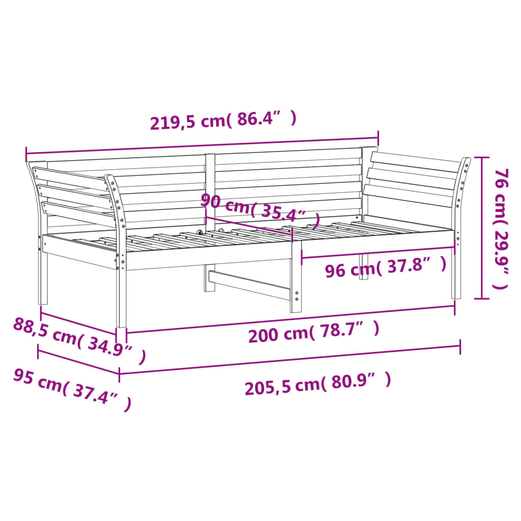 Tagesbett ohne Matratze weiß 90x200 cm aus massivem Kiefernholz