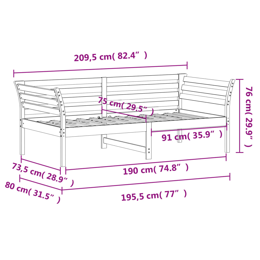 Tagesbett ohne Matratze 75x190 cm aus massivem Kiefernholz