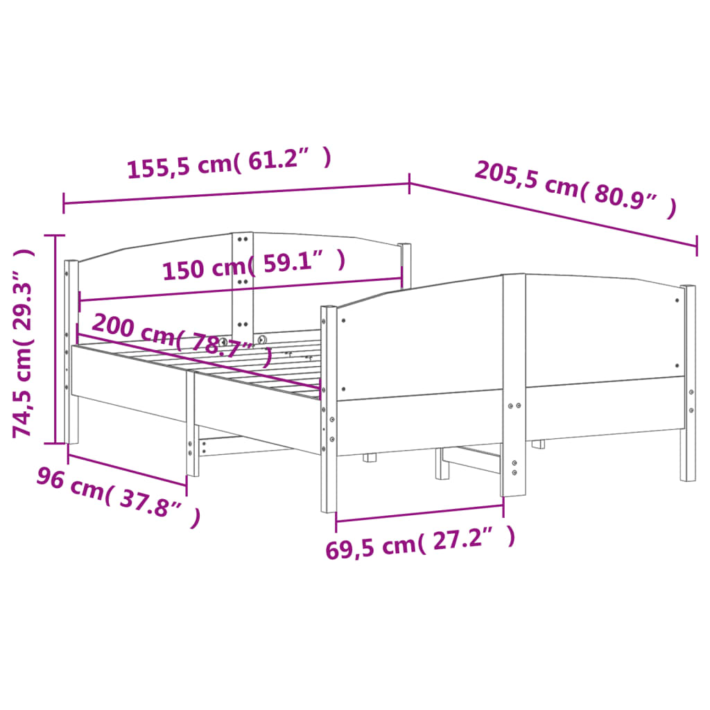 Cadre de lit sans matelas cire marron 150x200cm bois pin massif