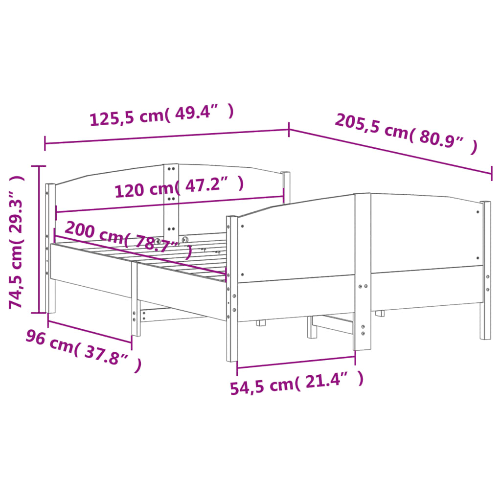 Bed frame without mattress 120x200 cm solid pine wood