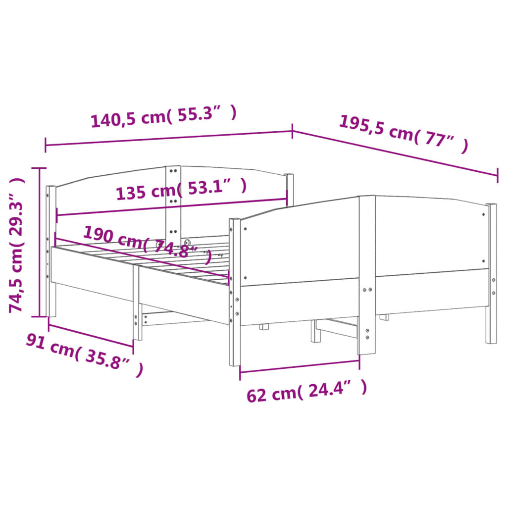 Cadre de lit sans matelas 135x190 cm bois de pin massif