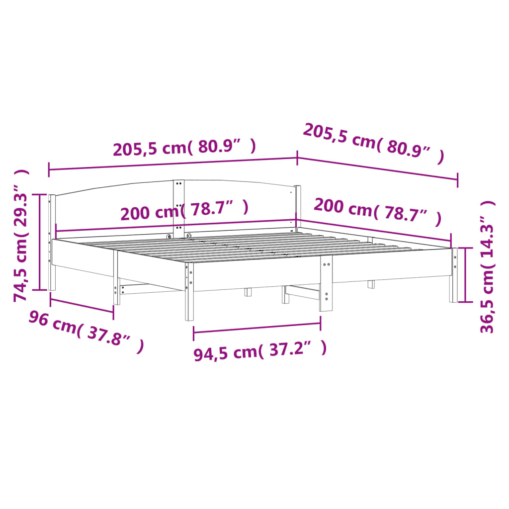 Cadre de lit sans matelas blanc 200x200 cm bois massif de pin