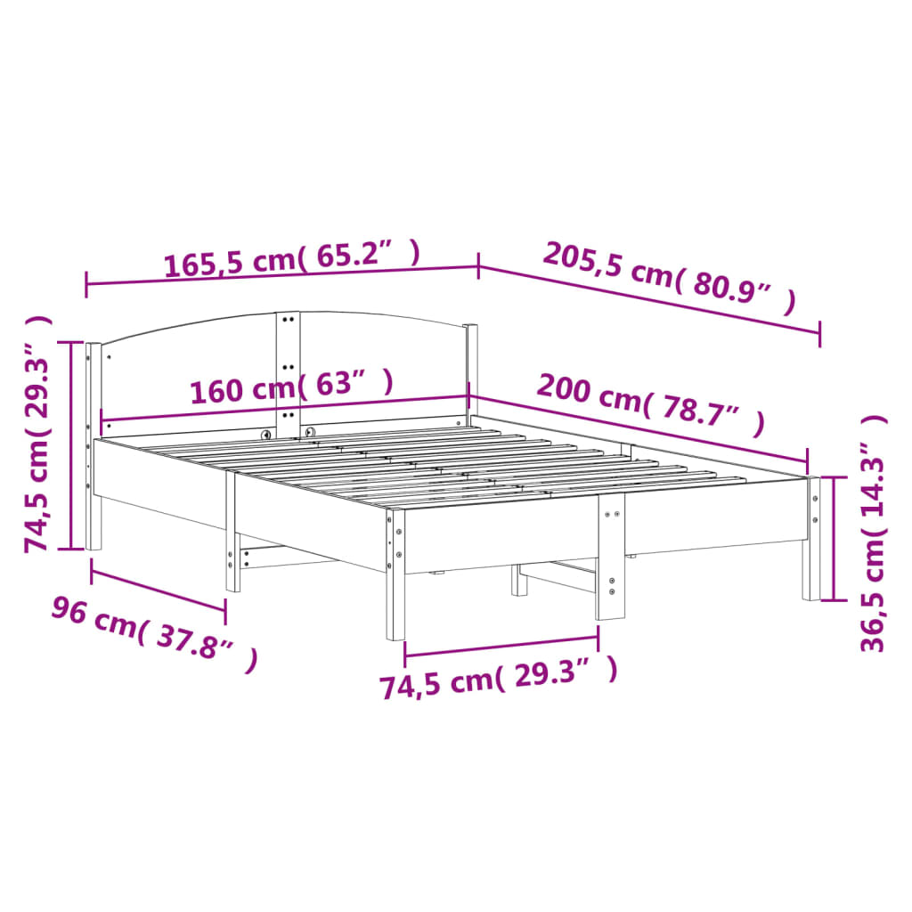 Cadre de lit sans matelas blanc 160x200 cm bois de pin massif