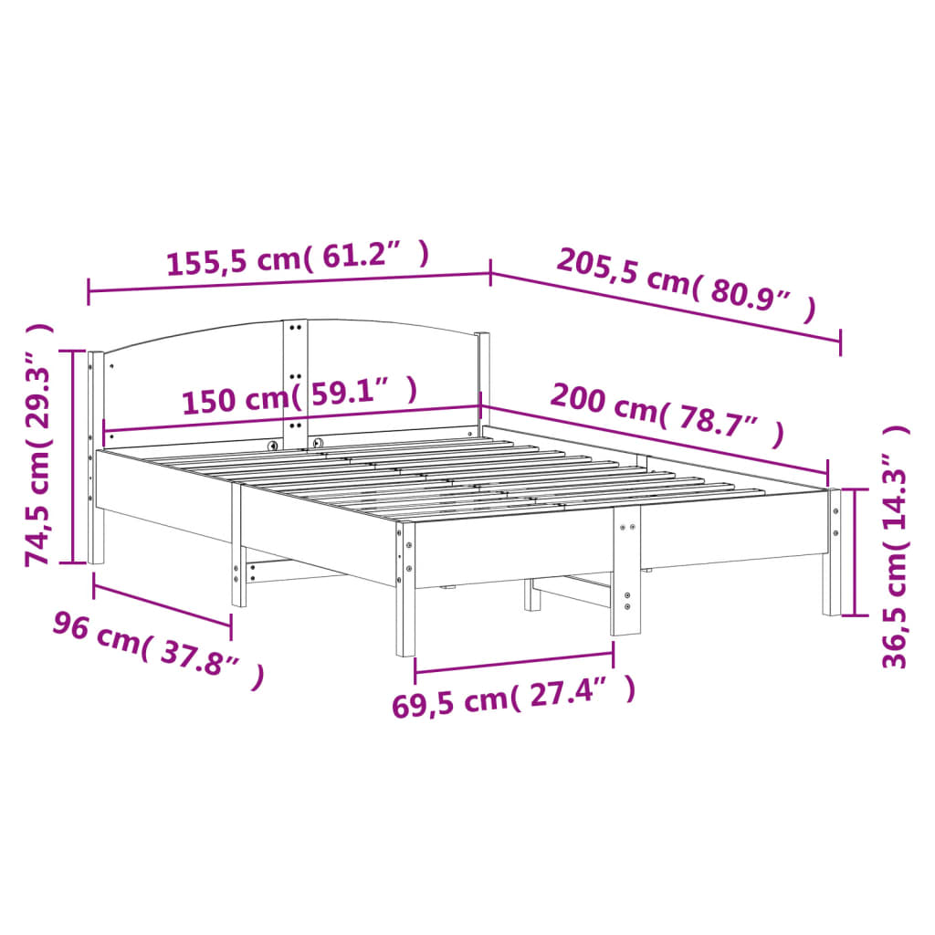 Cadre de lit sans matelas 150x200 cm bois de pin massif