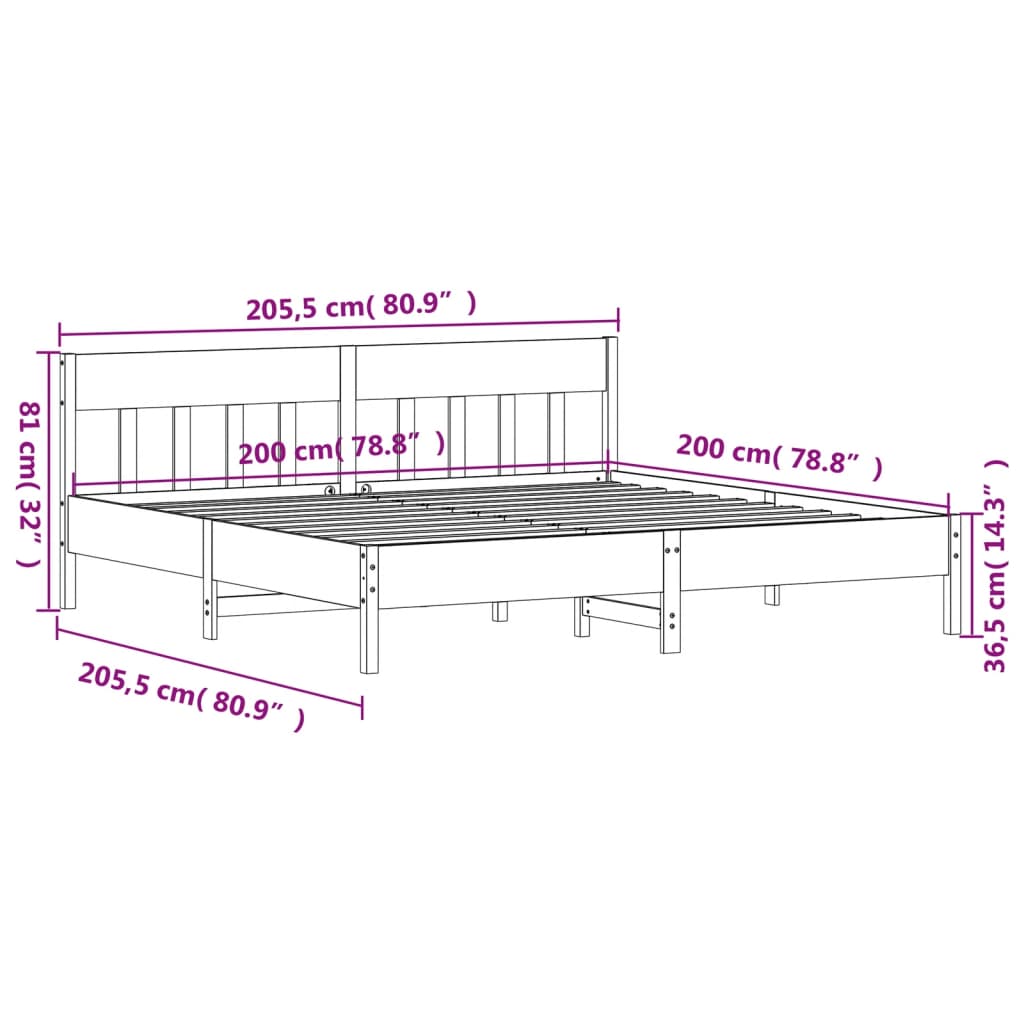 Bed frame without mattress brown wax 200x200cm solid pine wood