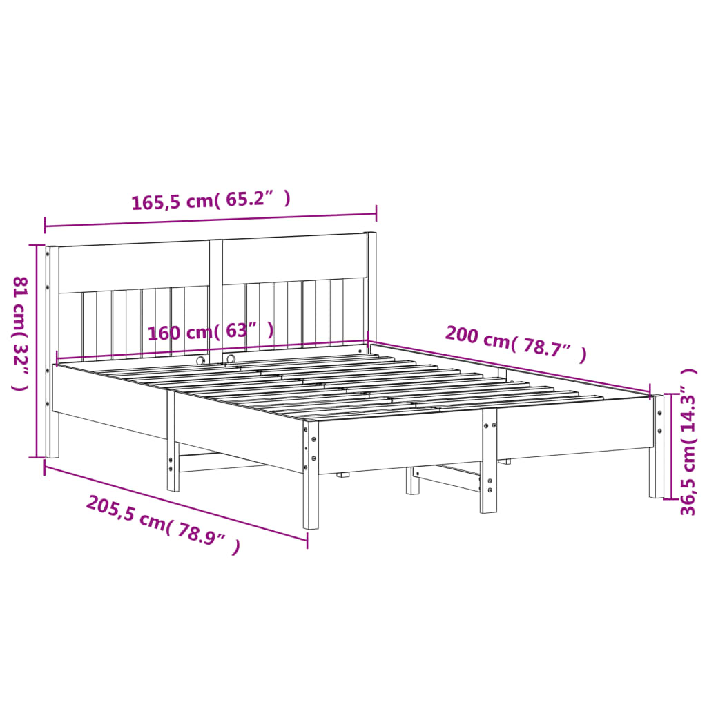 Bed frame without mattress 160x200 cm solid pine wood