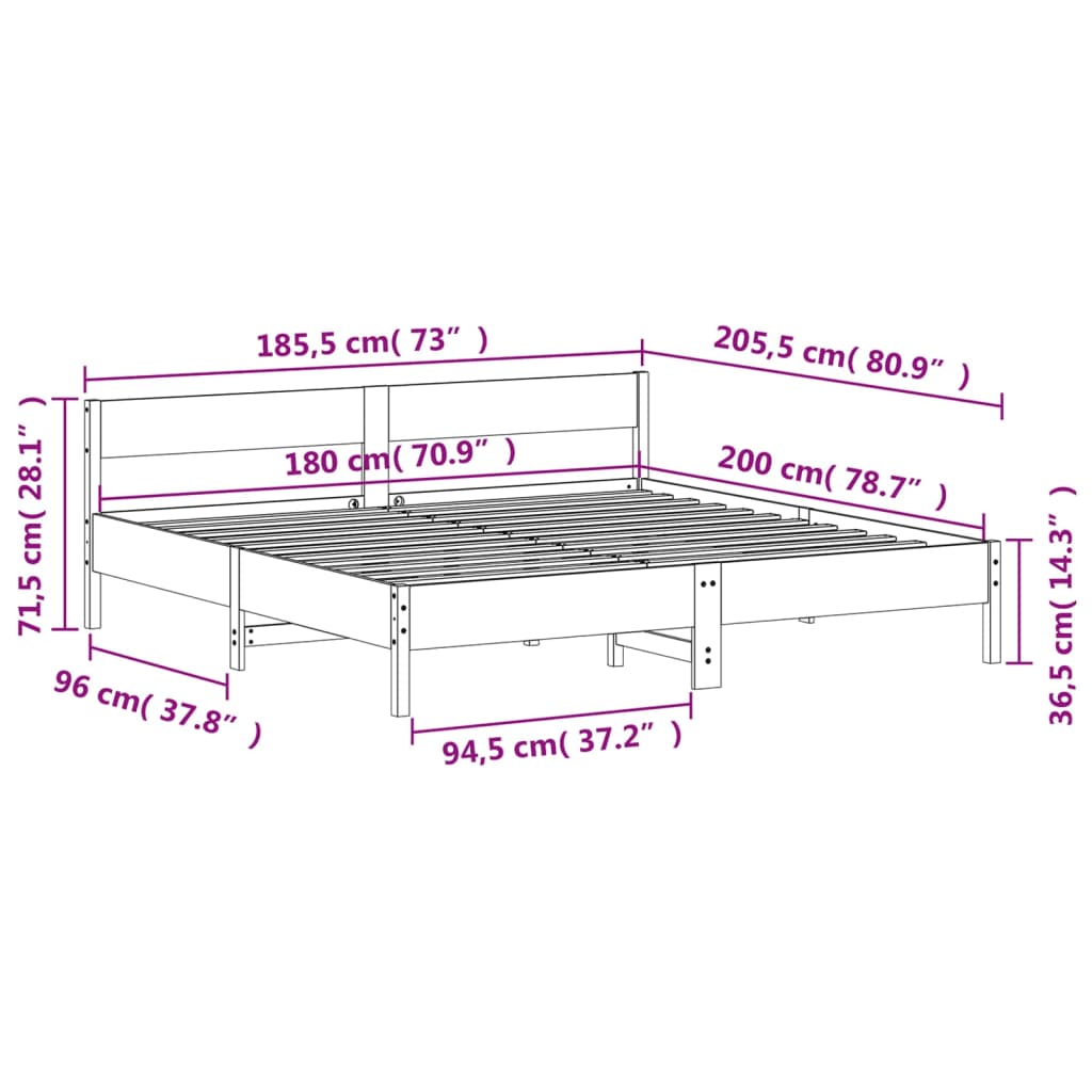 Bed frame without mattress 180x200 cm solid pine wood