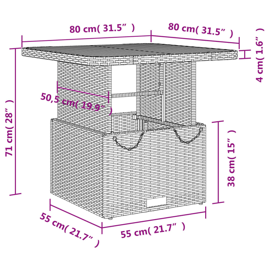 Table de jardin gris 80x80x71 cm résine tressée et bois acacia