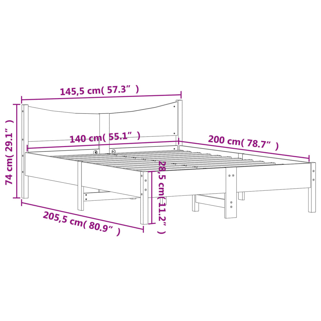 Bed frame without mattress brown wax 140x200cm solid pine wood