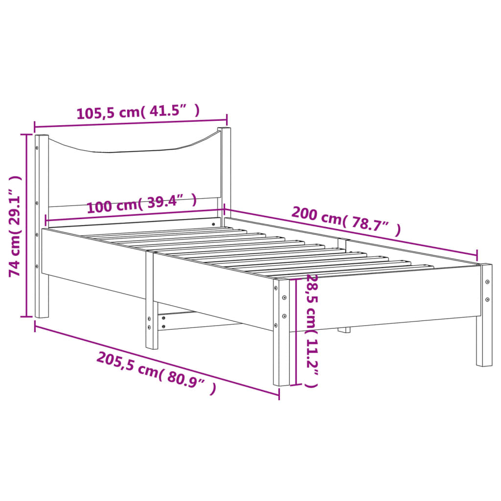 Bettgestell ohne Matratze 100x200 cm aus massivem Kiefernholz