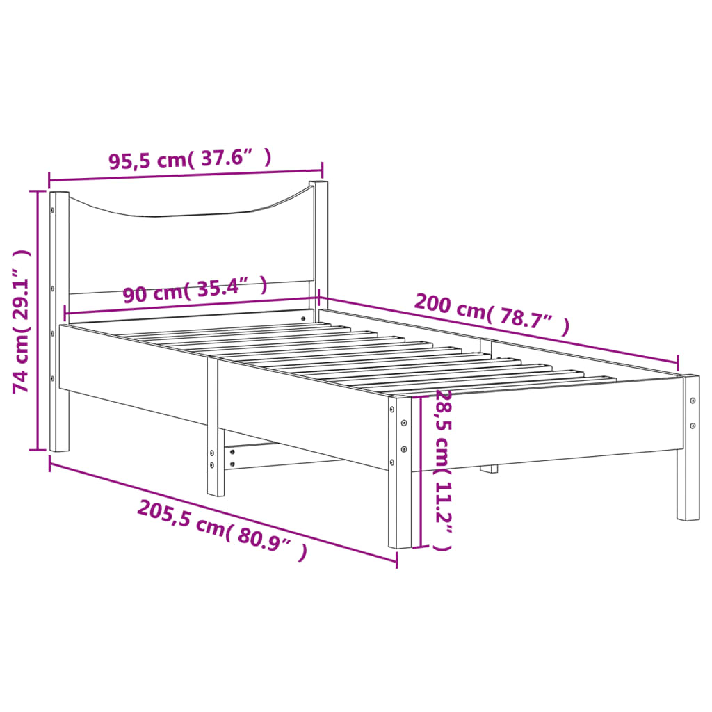 Bed frame without mattress 90x200 cm solid pine wood