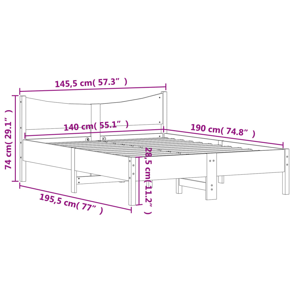 Bed frame without white mattress 140x190 cm solid pine wood