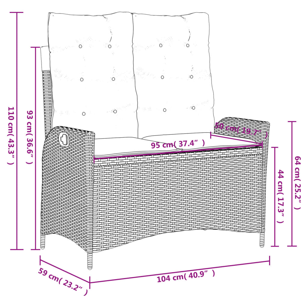 Banc inclinable de jardin avec coussins gris résine tressée